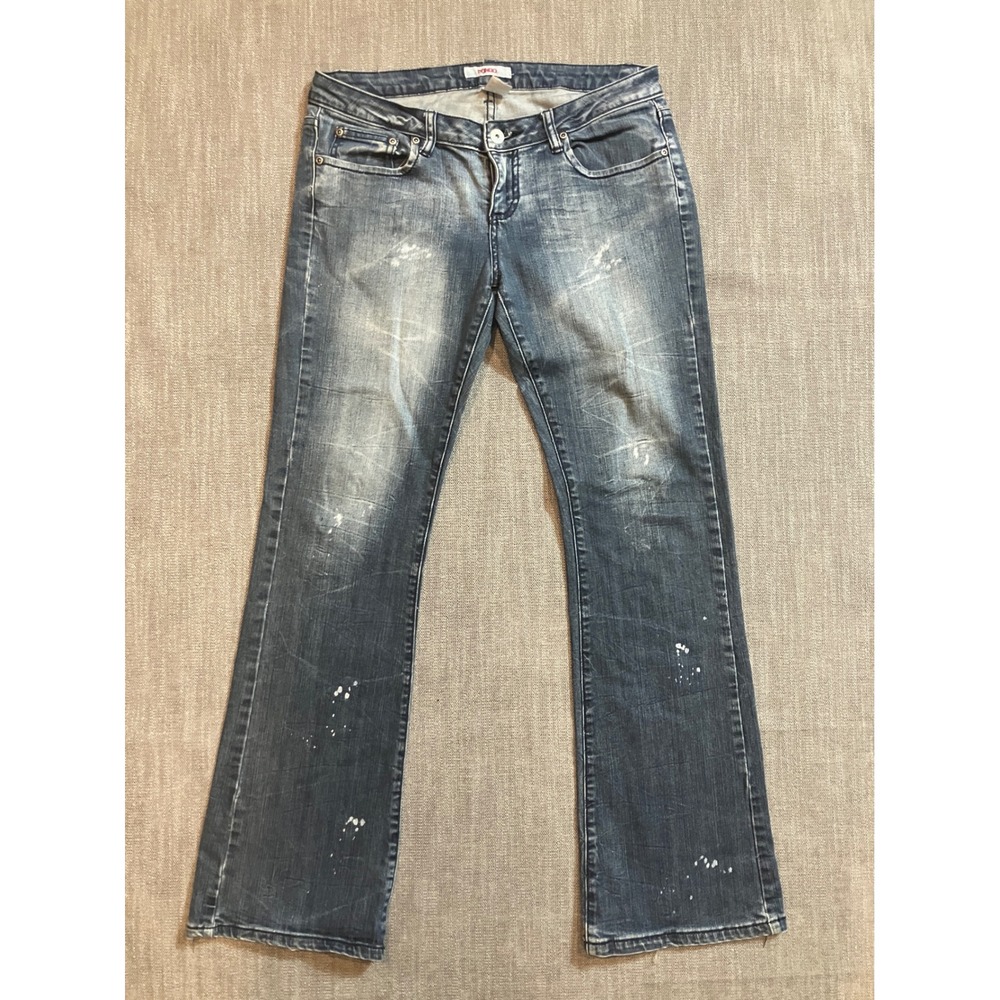 Bongo Womens Blue Paint Splatter Embroidered Bootcut Jeans Size 11 Low Rise Y2K